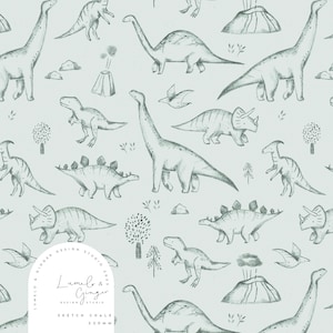 May include: A light green background features a repeating pattern of various dinosaurs in a sketched style. The dinosaurs are in shades of gray and include long-necked, three-horned, and T-Rex types. Trees, volcanoes, and flying dinosaurs are also present.