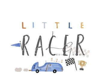 May include: A blue toy race car with the number 2 on the side, a checkered flag, a gold trophy, and the text "LITTLE RACER DESIGN STUDIO 3...2...1" in a white background.