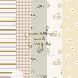 Könnte beinhalten: Eine Sammlung von Stoffmustern mit verschiedenen Designs. Dazu gehören Streifen, Vichy-Karo, Kühe, Traktoren und Gänseblümchen in einer sanften Farbpalette aus Beige, Braun und Grün. Der Text "Lumilo and Ginger" ist sichtbar.