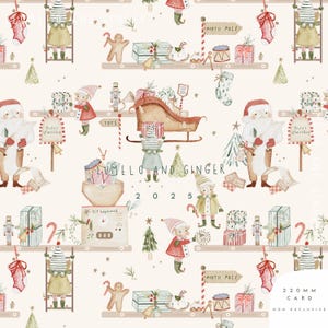 May include: A repeating pattern featuring Christmas-themed illustrations. Santa Claus, elves, wrapped gifts, gingerbread men, and Christmas trees are depicted in a watercolor style. The text "LUMELO AND GINGER" and "2025" are visible. The card size is 220 mm.