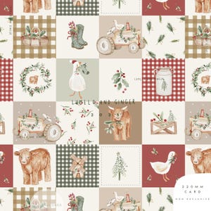 May include: A patterned design with watercolour illustrations of farm animals, tractors, and festive elements. The design includes a goose wearing a Santa hat, a cow holding a branch, and the text "LUMELO AND GINGER 2025".