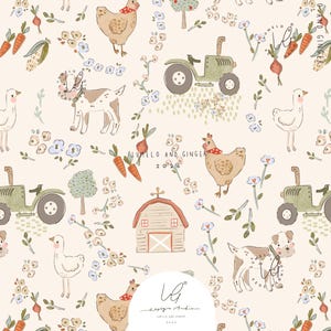 Puede incluir: Un patrón de color crema con ilustraciones en acuarela de pollos, perros, tractores, graneros, árboles, zanahorias y flores. El texto "LUMELO AND GINGER 2026" y "DESIGN STUDIO" aparece. Una etiqueta blanca abajo dice "220 MM CARD".
