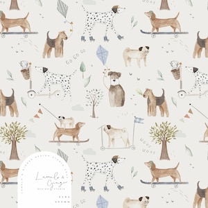 At the park, dog, pug, Dalmatian, Terrier Seamless Fabric Design, Meadow,  Repeat Tile, Pattern Lunoe