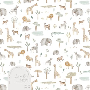 Peut inclure: Un motif sans couture représentant une variété d'animaux de la savane, notamment des girafes, des zèbres, des éléphants, des tigres, des lions et des crocodiles. Les animaux sont illustrés dans un style aquarelle avec des couleurs douces sur un fond blanc. Le motif est parfait pour les tissus, les papiers peints ou d'autres projets de design.