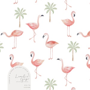 May include: A seamless pattern featuring pink flamingos and palm trees on a white background. The pattern is designed by Lumelo & Ginger Design Studio and is 220mm wide.
