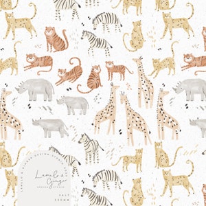 Etsad Saha, djungel, vilda djur, zebra, noshörning, leopard, giraff, tiger sömlös tygdesign, upprepad kakel, mönster Lunoe