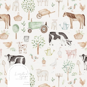 May include: A watercolour pattern featuring farm animals, including cows, pigs, chickens, ducks, sheep, and a goat. The pattern also includes a tractor, a wheelbarrow, watering cans, baskets, and trees. The pattern is on a white background with a subtle texture.