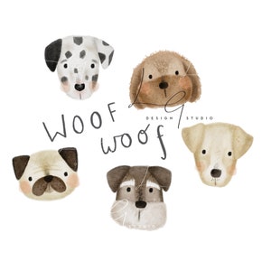 May include: Five watercolor illustrations of dog breeds, including a Dalmatian, a pug, a schnauzer, a golden retriever, and a poodle. The illustrations are surrounded by the text "Woof woof" in a handwritten font.