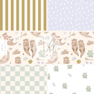 MINI-KIT, Flotte, damm, natur, groda, häger, set med 5 matchande designer, enkel, söt, Sömlös tygdesign, Upprepad platta, Mönster