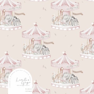May include: A seamless pattern featuring a pink carousel with a giraffe, elephant, zebra, and stork. The carousel is on a light pink background with small white leaves scattered throughout. The text "Hello little one" is on a banner above the carousel.