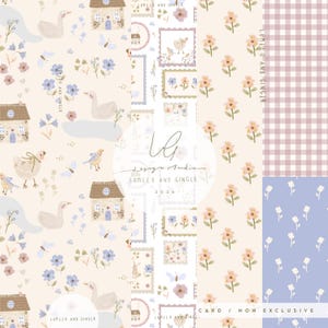 Peut inclure: Plusieurs motifs illustrés avec des dessins fantaisistes. Les motifs comprennent des maisons, des canards, des fleurs, des papillons et des cadres en forme de timbres-poste. La palette de couleurs est douce, avec des tons beige, bleu, rose et vert. Le texte "LUMELO AND GINGER" et "2026" sont visibles.