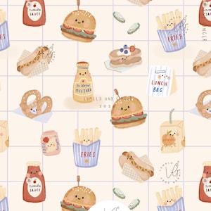 May include: A repeating pattern on a light cream background with a thin purple grid featuring cute cartoon food items including burgers, hot dogs, fries in blue striped containers, tomato sauce, yellow mustard, pancakes, and orange juice cartons.