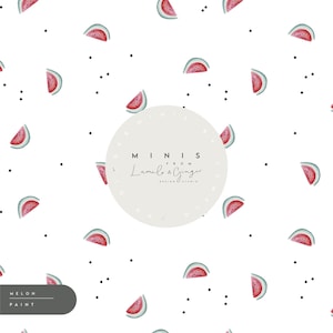 Pode incluir: Um fundo branco com um padrão repetitivo de fatias de melancia e pontos pretos. O texto "MINIS FROM Lumio & Ginger DESIGN STUDIO" está em um círculo no centro da imagem. As palavras "MELON PAINT" estão em um retângulo cinza na parte inferior da imagem.