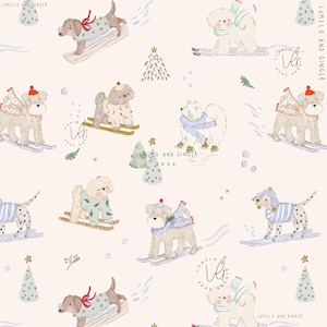 May include: A repeating pattern on a light pink background featuring various illustrated dogs engaged in winter sports like skiing and ice skating. The dogs wear colorful scarves, hats, and sweaters. Small pine trees and stars are scattered throughout.