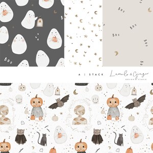 May include: A set of four digital seamless patterns featuring Halloween themed illustrations. The patterns include ghosts, pumpkins, bats, cats, mummies, stars, moons, and the word "Boo".
