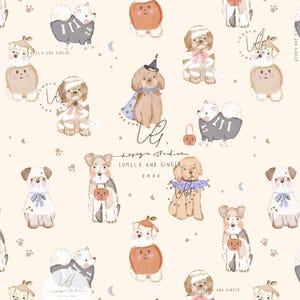 Puede incluir: Un patrón repetido de perros ilustrados con disfraces de Halloween. Los perros son de varias razas y colores, vestidos de momias, calabazas y esqueletos. El fondo es de color beige claro con huellas de patas, lunas y estrellas. El texto incluye "LUMELO AND GINGER 2026".