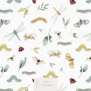 May include: A seamless pattern featuring watercolour illustrations of various insects and plants on a white background. The pattern includes butterflies, dragonflies, ladybugs, caterpillars, and leaves. The text "SALT 200MM" is printed in a white rectangle at the bottom of the image.