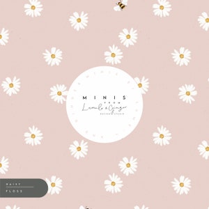 May include: A seamless pattern featuring white daisies and a bee on a light pink background. The pattern includes a white circle with the text "minis from Lumi & Ginger design studio" in gold lettering.