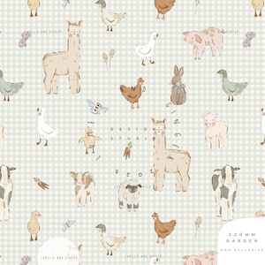 May include: A repeating pattern featuring farm animals such as llamas, chickens, ducks, pigs, and sheep. The illustrations are in soft colors on a light green and white checkered background. The text "LUMILO AND GINGER" and "DESIGN STUDIO" are also present.