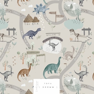Reise ins Dinosaurierland, Dino, T-rex, Stegosaurus, Land, Karte Nahtloses Stoffdesign, Wiederholungskachel, Muster Lunoe