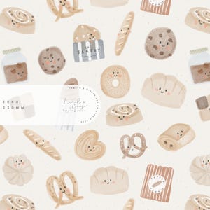 May include: A seamless pattern featuring various bakery items, including pretzels, cookies, bread, and pastries, all with cute cartoon faces. The background is a light beige with a subtle texture.
