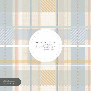 Könnte beinhalten: Ein hellblaues und beiges Karomuster mit einem weißen Kreis in der Mitte. Der Kreis enthält den Text "minis from Lumio & Ginger design studio" in schwarzer Schrift. Der Text "PLAID SPRING 3" befindet sich in schwarzer Schrift in der linken unteren Ecke des Bildes.