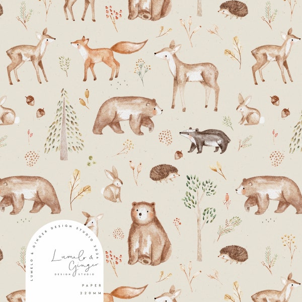 Hickory, Woodland, Children's fashion, bear, fox, hedgehog, forest, Non Exclusive Seamless Fabric Design,  Repeat Tile, Pattern