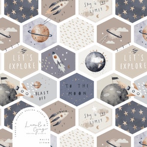 May include: A seamless pattern featuring a watercolour illustration of a space-themed design. The pattern includes rockets, planets, stars, and text that says "Let's Explore", "Blast Off", "To the Moon", and "Sky is the Limit".
