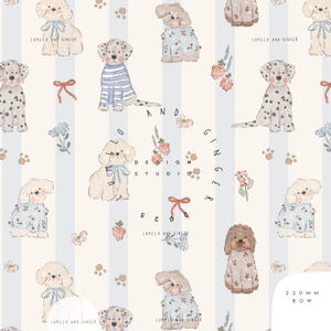 Può includere: Motivo ripetuto con illustrazioni di cani, tra cui un dalmata e un barboncino, che indossano abiti e fiocchi. Il design incorpora elementi floreali e il testo "LUMILO AND GINGER" e "AND GINGER DESIGN STUDIO". Lo sfondo presenta strisce verticali.