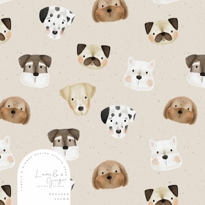 May include: A seamless pattern featuring various dog breeds, including a pug, dalmatian, schnauzer, and labrador retriever. The dogs are illustrated in a watercolour style with a soft, muted colour palette. The background is a light beige with a subtle texture.