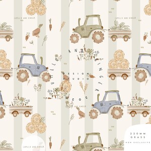 May include: A repeating pattern with tractors, hay bales, ducks, and carrots on a striped background. The design includes the text "LUMILO AND GINGER" and "DESIGN STUDIO 2025". The color palette is soft, with muted greens, blues, and browns.