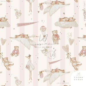 May include: A fabric pattern featuring a repeating illustration of storks carrying teddy bears, hot air balloons, and hearts on a background of vertical light pink and cream stripes. The text A dream come true is printed on small pennants.