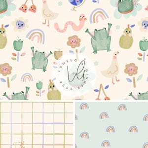 May include: A whimsical pattern featuring cartoon frogs, flowers, rainbows, and other playful elements in pastel colors. The design includes a globe, worms, and a goose, creating a cheerful and imaginative aesthetic. The pattern is suitable for children's products.