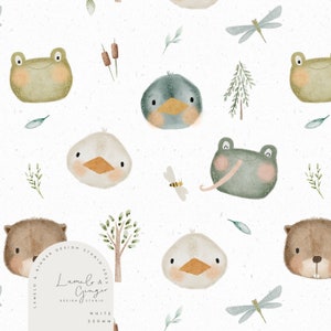 May include: A seamless pattern featuring watercolor illustrations of various animals, including a frog, a duck, a beaver, and a bird. The pattern also includes illustrations of leaves, reeds, and a dragonfly. The background is white with a subtle texture.
