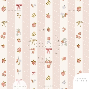 May include: A repeating pattern with strawberries, bows, and floral elements in pink, white, and gold. The design includes the text "LUMELO AND GINGER" and "DESIGN STUDIO 2025". The background has a striped and polka dot pattern.