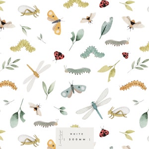 May include: A seamless pattern featuring watercolour illustrations of various insects and plants on a white background. The pattern includes butterflies, ladybirds, dragonflies, caterpillars, and leaves. The text "WHITE 200MM" is visible in the bottom right corner.