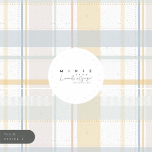 May include: A plaid pattern design in soft pastel colors, including light blue, beige, and yellow. The design features a grid of intersecting lines with a dotted pattern. The text "MINIS from Lumel & Ginger DESIGN STUDIO" is in a white circle. The text "PLAID SPRING 6" is in a dark gray rectangle.