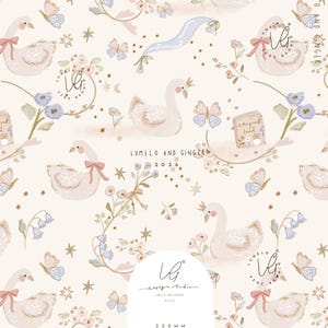 May include: A repeating pattern on a cream background featuring white swans with pink bows, blue butterflies, small pink flowers, blue bell-shaped flowers, and gold stars. Text includes "LUMELO AND GINGER 2026" and a card label with "220 MM CARD".