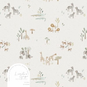 May include: A repeating pattern featuring watercolor illustrations of safari animals, including zebras, giraffes, lions, tigers, elephants, and crocodiles. The design is set against a speckled, off-white background with trees and foliage.