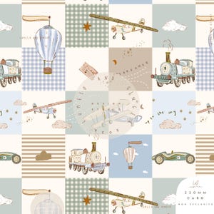 May include: A whimsical, repeating pattern featuring vintage-style illustrations of airplanes, hot air balloons, trains, and cars. The design incorporates a soft color palette of blue, green, and beige, with star and cloud accents. The text "LUMELO AND GINGER" is visible.