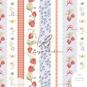 May include: A decorative pattern with strawberries, bees, and floral motifs. The design incorporates stripes of red gingham, blue floral, and scalloped edges. The text "LUMILO AND GINGER" and "LG design studio" are visible.