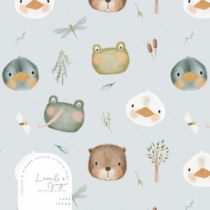 May include: A seamless pattern featuring watercolor illustrations of animals and nature elements on a light blue background. The pattern includes a frog, a beaver, a duck, a dragonfly, a pine tree, and a bird.