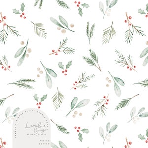 May include: A seamless pattern featuring watercolor illustrations of green holly leaves, red berries, and sprigs of pine. The background is white. The pattern is perfect for holiday crafts and projects.