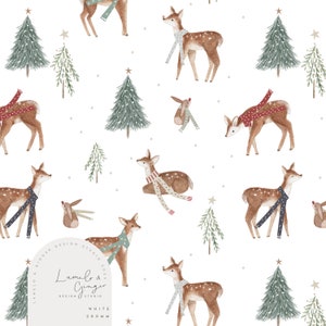 May include: A seamless pattern featuring a white background with illustrations of deer wearing scarves, small bunnies, and pine trees. The pattern is designed by Lumelo & Ginger Design Studio.