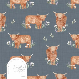 Highland Cow, Thistle and Herb, Scottish, Seamless Fabric Design,  Repeat Tile, Pattern Lunoe