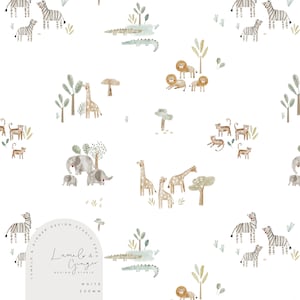 May include: A white fabric with a repeating pattern of watercolor illustrations of animals and plants. The animals include giraffes, zebras, elephants, lions, and tigers. The plants include trees, bushes, and leaves. The fabric is 220 mm wide.