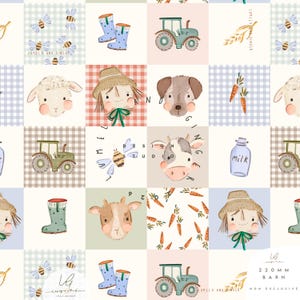 May include: A patchwork design with farm-themed illustrations. The pattern includes images of a tractor, sheep, cow, dog, bees, carrots, milk bottle, and a scarecrow. The color palette is soft, with pastel shades of blue, green, and pink. The text "LUMELO AND GINGER" is visible.