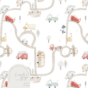 Petite Carte, cars, bus, map, route, school, town little village, Etched, outline Seamless Fabric Design, Repeat Tile, Pattern Lunoe