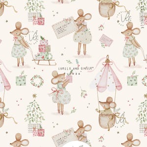 May include: A repeating pattern on a cream background featuring watercolour illustrations of mice in dresses, Christmas trees, gift boxes, letters, and hot air balloons. The text Lumelo and Ginger 2026 is visible in the centre of the design.