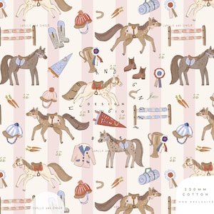 May include: A cream-coloured fabric design featuring equestrian illustrations with vertical pink stripes. The pattern includes horses, riding helmets, boots, carrots, ribbons, and show jumping obstacles. The text "LUMELO AND GINGER" is visible.